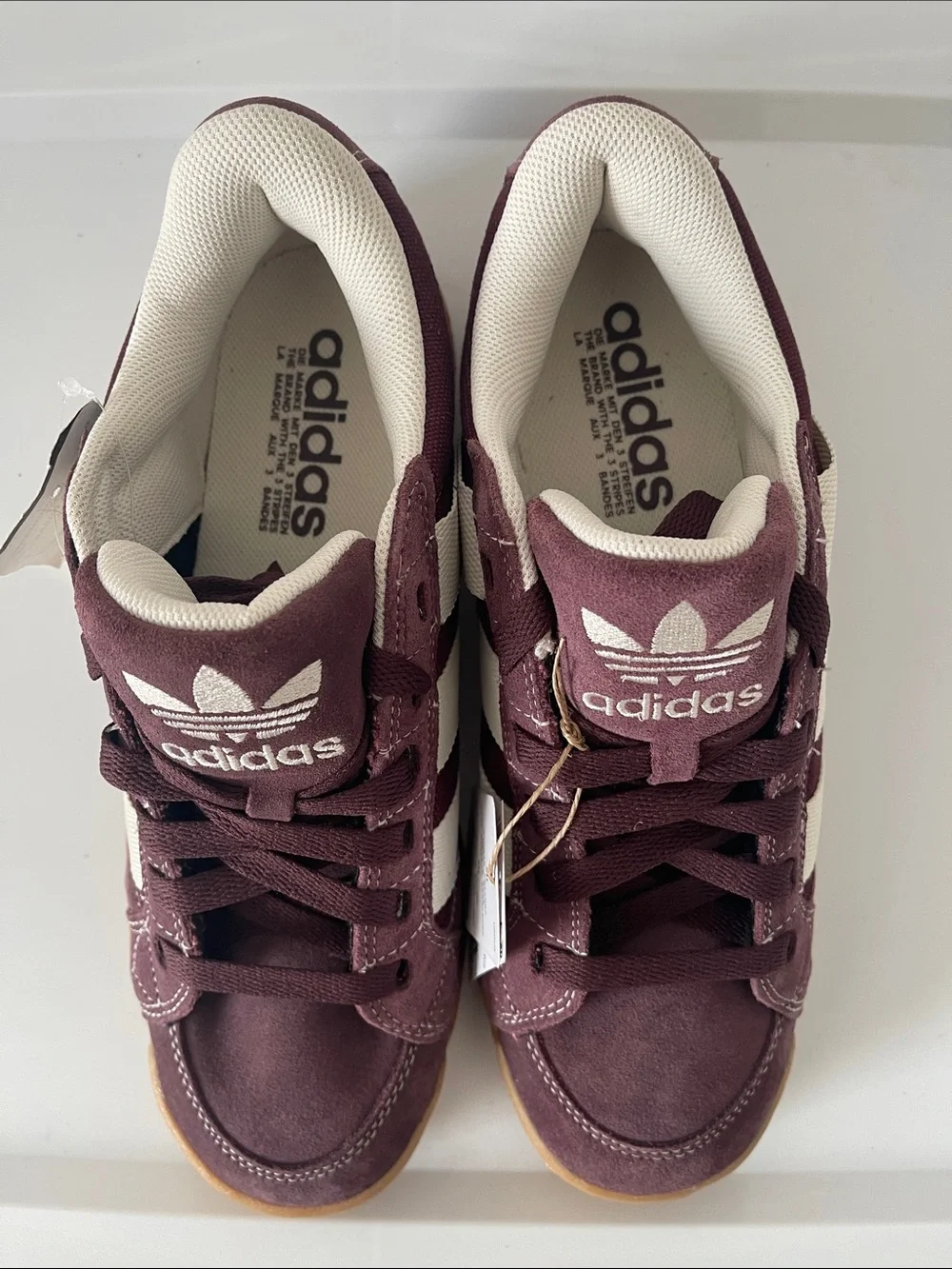 adidas Burgundy and White Suede Low-Top Sneakers with Gum Sole